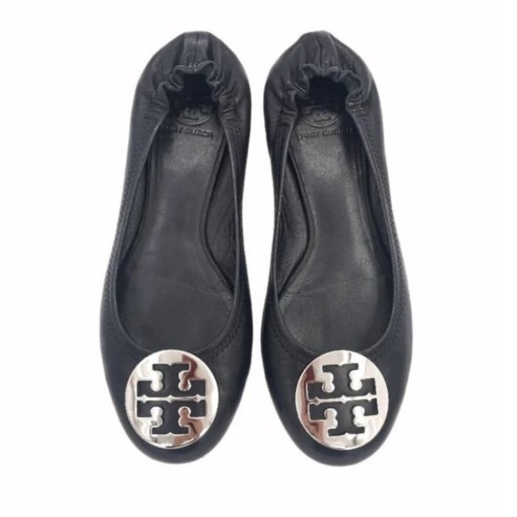 Tory Burch Minnie Travel Leather Ballet Flats Black & Silver 8.5 - Picture 1 of 8